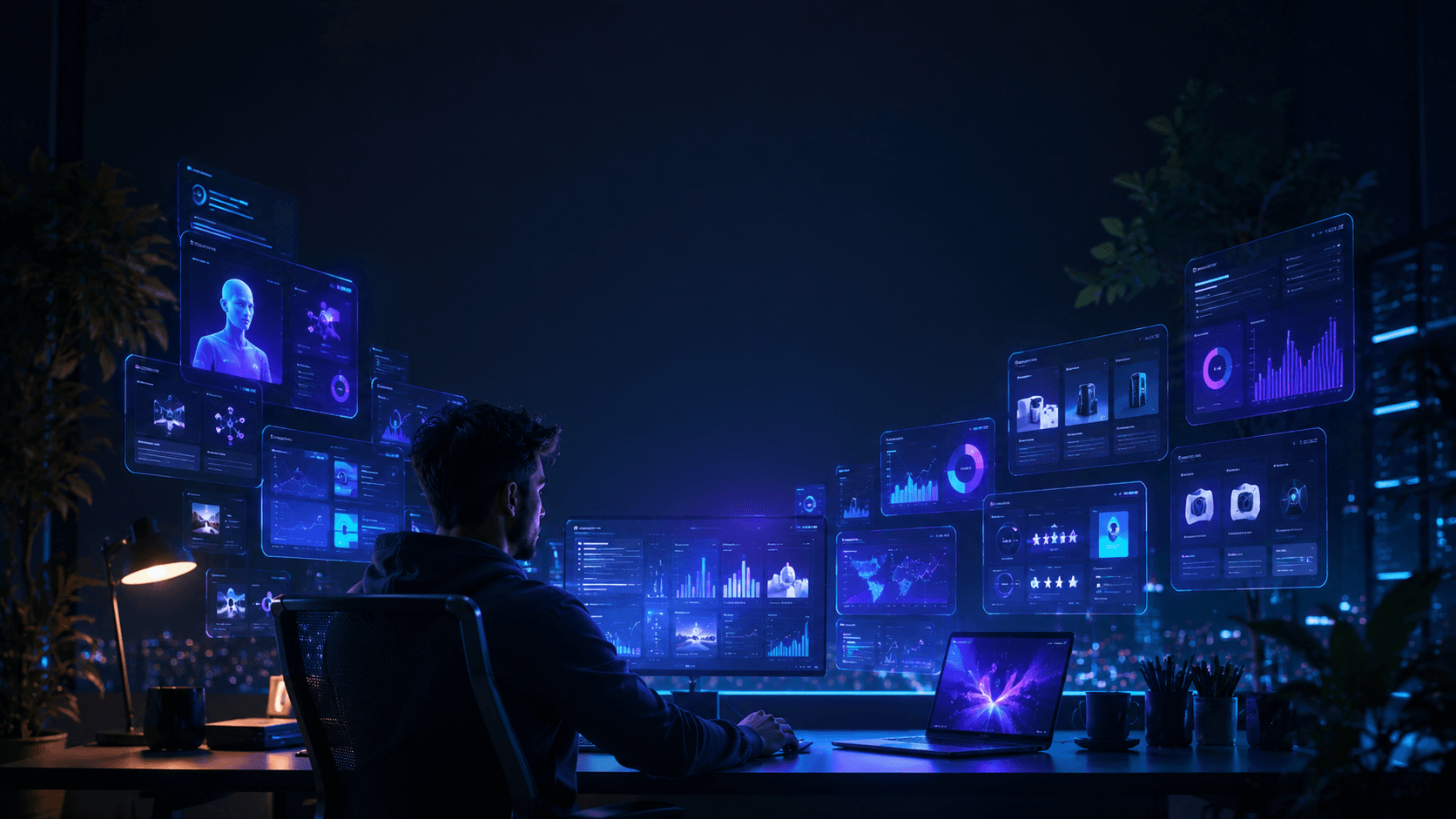 AI workspace with futuristic dashboards