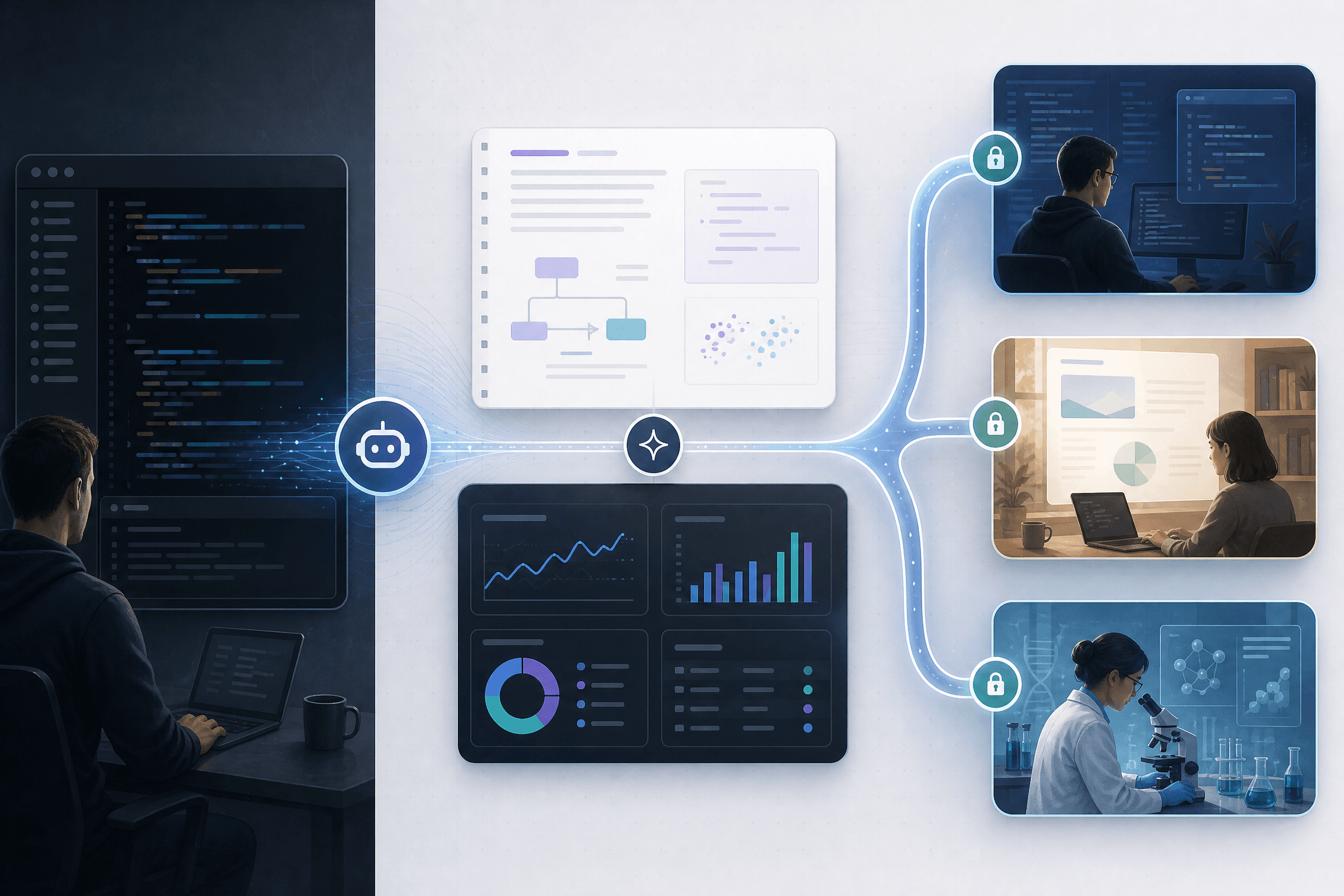 Illustrated AI agent workflow branching into coding, knowledge work, and scientific research