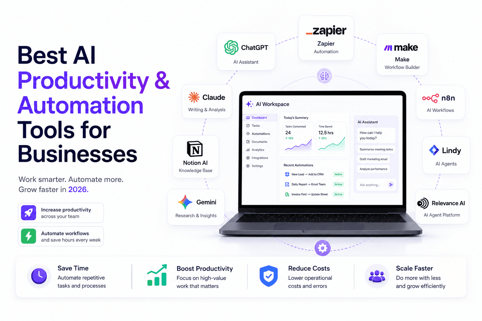 Best AI Productivity & Automation Tools for Businesses (2026 Guide) — HyzenPro article cover