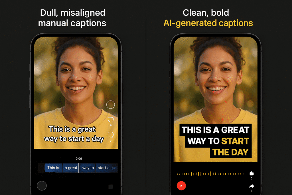 Before and after comparison of AI captions using Submagic vs manual editing